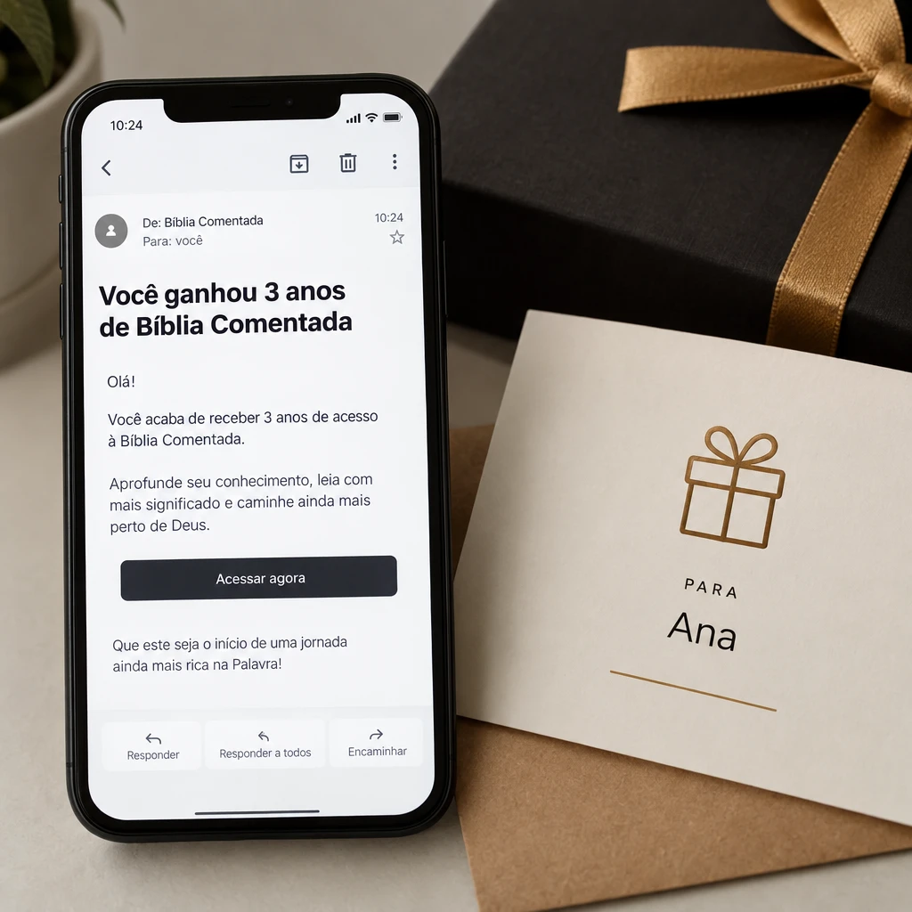 Celular com o e-mail “Você ganhou 3 anos de Bíblia Comentada” ao lado de um cartão-presente